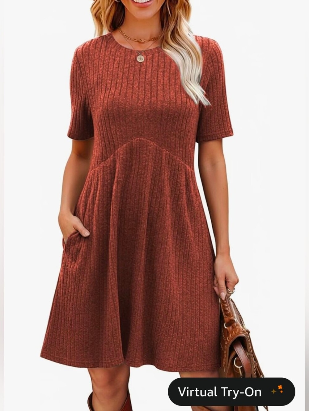 A line Rust “Caramel” Short Sleeve Ribbed Knit Swing TShirt Sundress w/ Pocket
